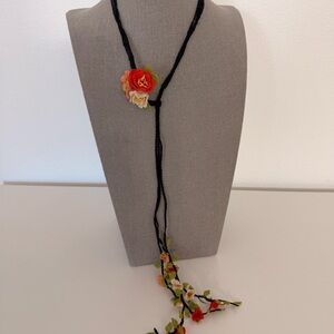 Handcrafted Turkish Pure Silk Enya Oya Black Beaded Lariat Necklace and Flowers